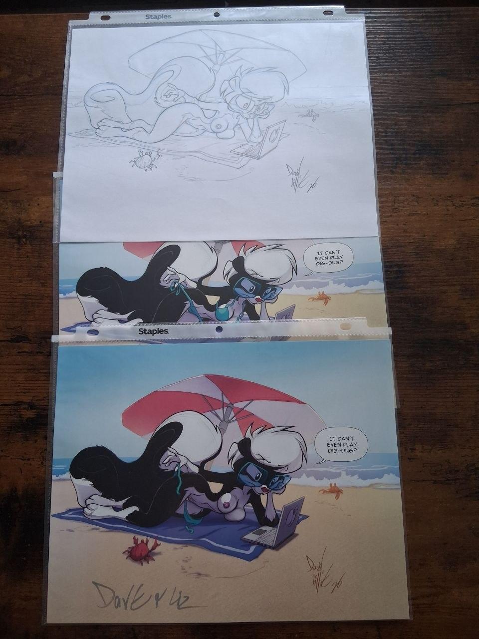 ORIGINAL PENCILS Skunk at the Beach with Print NSFW